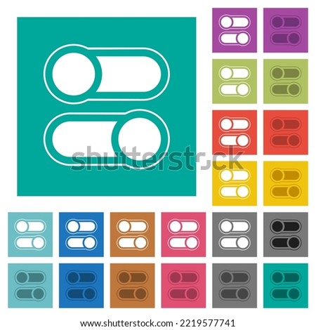Horizontal toggle switches alternate multi colored flat icons on plain square backgrounds. Included white and darker icon variations for hover or active effects.