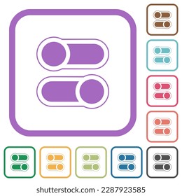 Horizontal toggle switches alternate simple icons in color rounded square frames on white background