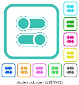 Horizontal toggle switches alternate vivid colored flat icons in curved borders on white background