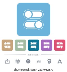 Horizontal toggle switches alternate white flat icons on color rounded square backgrounds. 6 bonus icons included