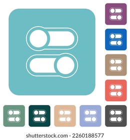 Horizontal toggle switches alternate white flat icons on color rounded square backgrounds