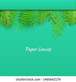 Horizontal top border of summer tropical leaves in paper cut style. Craft jungle plants collection on green background. Creative vector card illustration in paper cutting art style.