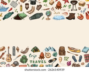 Horizontal top and bottom border made of hand drawn camping and travel elements in vintage style. Hiking gear, barbecue food, picnic items and summer vacation symbols arranged as frame on beige.