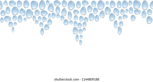 Horizontal top decoration with water drops, background with blue water spots, vector wallpaper, border