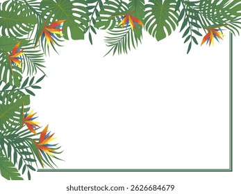Horizontal top left corner frame of tropical greenery and bright flowers. Tropical leaves frame. Vector design illustration. Hand drawn
