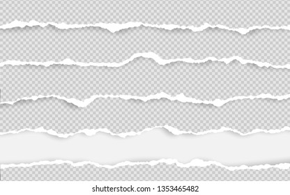 Horizontal torn paper edge. Ripped squared horizontal white paper strips. Vector illustration.