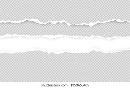 Horizontal torn paper edge. Ripped squared horizontal white paper strips. Vector illustration.