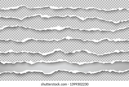 Horizontal torn paper edge. Ripped squared horizontal white paper strips. Vector illustration.