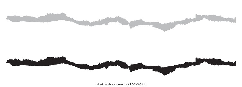 Textura Horizontal del borde del papel rasgado. Tira de papel desgarrada Horizontal mínima aislada sobre fondo blanco, útil para divisores de diseño, superposiciones, Anuncios y fondos abstractos.
