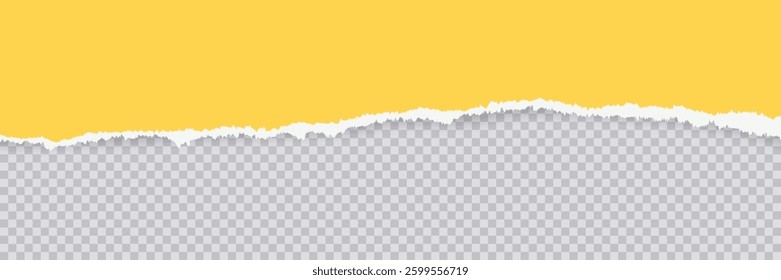 Horizontal torn yellow paper page with ripped edges isolated on transparent background. Textured ripped page for creative design, banners, overlays in media projects. Realistic vector illustration.