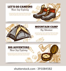 Horizontal tourism banners set presenting lets go camping mountain camp and big adventure hand drawn vector illustration