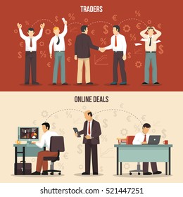 Horizontal trading finance banners with traders making agreements and online deals flat isolated vector illustration