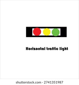 Horizontal traffic light illustration with red, yellow, and green signals isolated on white background. Transportation symbol representing stop, caution, and go.