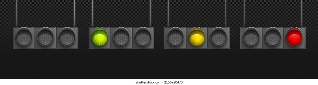 Horizontal traffic lights mockup. Street signal driving control system. Vector realistic template of 3d road semaphore with red, yellow and green led lamps isolated on transparent background