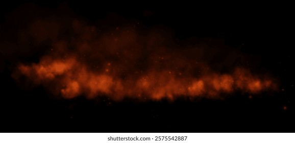 A horizontal trail of orange mist and glowing embers drifts across a dark background, evoking a fiery, dynamic, and atmospheric effect.