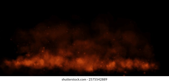 A horizontal trail of orange mist and glowing embers drifts across a dark background, evoking a fiery, dynamic, and atmospheric effect.