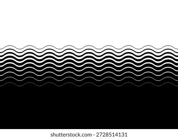 Horizontaler Übergang von Schwarz zu Weiß mit abstrakten Wellen von Linien. Vektorhintergrund für Cover, Werbung, Plakate, Marketing, Verpackung, Wandkunst, Branding. Modernes gestreiftes Design-Element. Wellen, Wasser, Meer. Inneneinrichtung