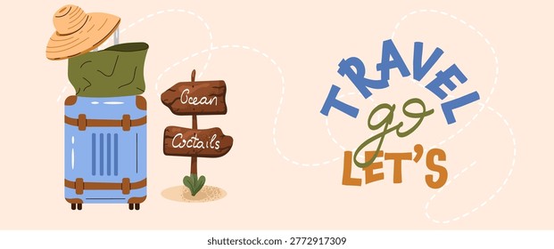 Horizontal travel banner featuring a suitcase with a summer hat, a wooden destination signpost. Perfect for travel and vacation designs