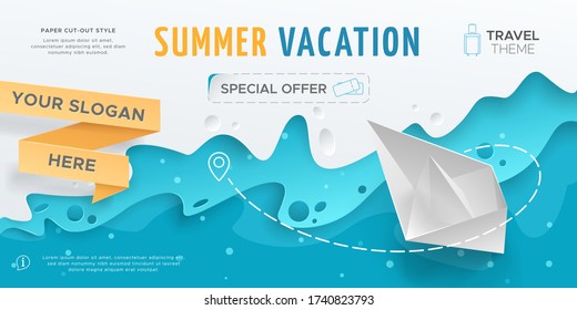 Horizontal travel banner with scene with paper waves and 3D realistic origami boat. Vector layout in paper cut style with toy ship for design of flyers and leaflets. Carving art with blue background.