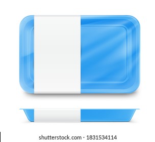Horizontal tray container mockup. Vector illustration isolated on white background. Layered template file easy to use for your promo product: meat of animals, chicken, fish. EPS10	