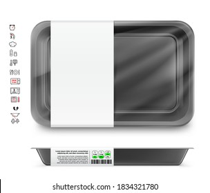 Horizontal tray container mockup. Vector illustration isolated on transparent background. Layered template file easy to use for your promo product: meat of animals, chicken, fish. EPS10	