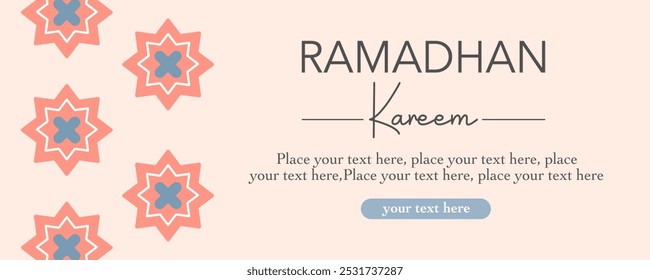 Horizontal Trendy Ramadan Kareem modelo com caligrafia árabe, padrão, plano de fundo plano moderno e minimalista em cor pastel para banner, flyer, cartaz, cartão de saudação, capa e mídia social