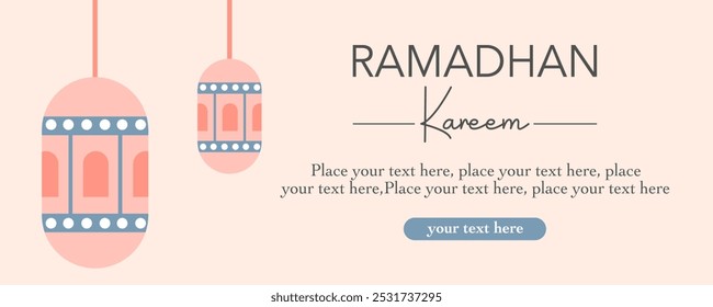 Plantilla Horizontal de Ramadán Kareem de moda con caligrafía árabe, linterna, fondo plano moderno y minimalista en color pastel para Anuncio, volante, póster, tarjeta de felicitación, portada y redes sociales