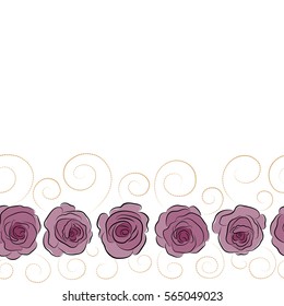 Horizontal trendy vector seamless Floral Pattern. Purple and beige roses with copy space (place for your text).