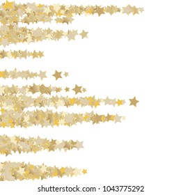 Horizontal triangle shaped bands from scattered stars. Abstract confetti vector background of flying rotating golden celestial elements. Vector illustration. Decorations, packaging, textile design