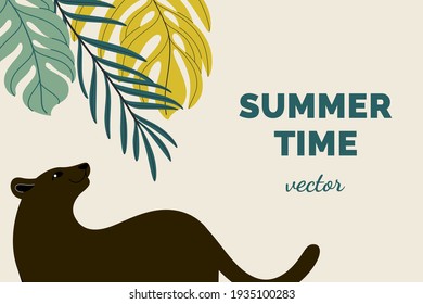 Horizontal tropical banner with black panther and tropical leaves.
Vector background with text space. 