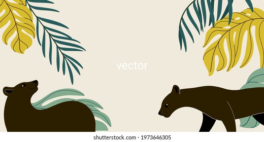 Horizontal tropical banner with panther and tropical leaves.
Vector background with text space. 