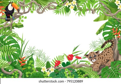 Horizontal tropical floral frame made with leaves, flowers, sitting toucan and little angry puma. Space for text. Children theme. Rainforest foliage border. Vector flat illustration.