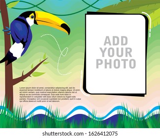 Horizontal tropical Jungle frame made with leaves, grass and sitting toucan. Space for text and Photos. Children theme. Rainforest foliage border. Vector flat illustration.