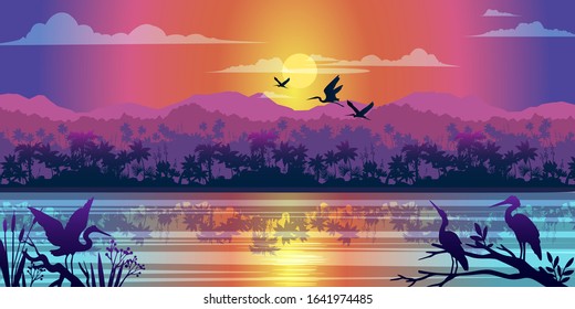 Horizontal tropical landscape with jungle, river, mangrove reflection, sunrise and birds outlines. Rainforest banner with mountains, hills and palm trees silhouette. For landing pages, advertisements