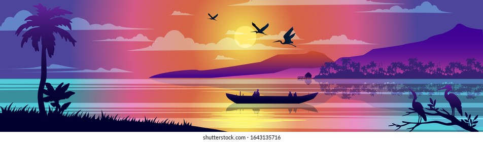 Horizontal tropical landscape with ocean, boat, birds, palm trees, rainforest, seashore and reflections in the water. Brazilian view with sunset. Panoramic banner for advertisements and postcards