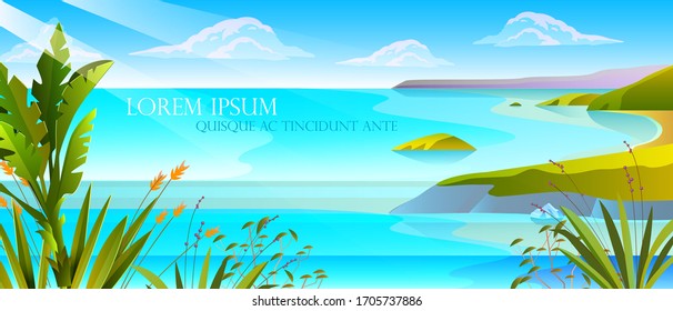 Horizontal tropical landscape with ocean, exotic plants, cliffs, seashore, clouds. Summer seascape with green hills, blue lagoon, copy space. Stock vacation concept for advertisements, travel agencies