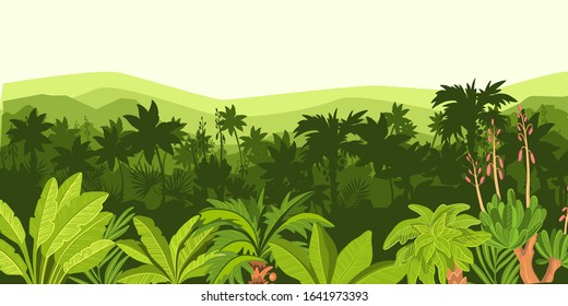 Horizontal tropical landscape with palm trees silhouette, hills and mountains outline. Rainforest panorama in green. Amazonian jungle banner for advertisements, landing pages, wallpapers