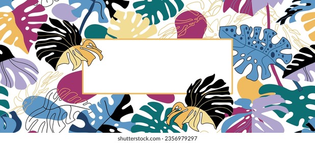Horizontal tropical leaf borer frame. Vector summer background. Modern palm tree banner template. Rainforest decorative invitation.