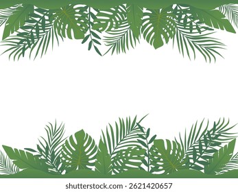 Frontera de hojas tropicales Horizontales aisladas sobre fondo blanco. Borde superior e inferior, Ilustración vectorial dibujada a mano