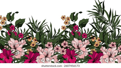 Horizontal tropical leaves pattern. Seamless horizontal leaves pattern. Abstract pattern design
