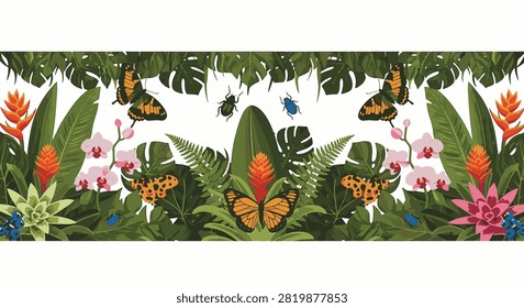 Horizontal tropical rainforest border illustration featuring monstera deliciosa leaves, ferns, orchids, bromeliads, colorful butterflies, and beetles on a white background.