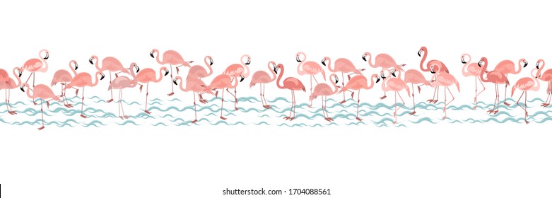 Horizontal tropical seamless pattern with bright tropical bird pink flamingo on white background with blue stripes. Vector summer background for stylish fabric design