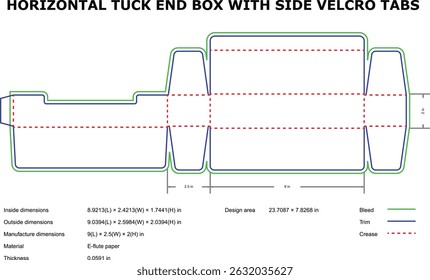 Horizontal tuck end box diecut template side velcro tabs