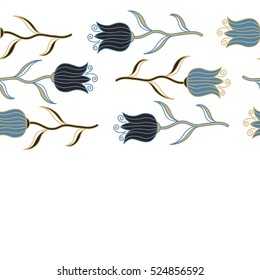 Horizontal tulip sketch. Beige, gray and blue floral seamless pattern.