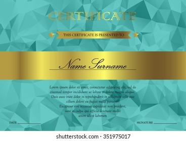 Horizontal turquoise and gold certificate and diploma template with vintage, floral, filigree and cute pattern for winner for achievement. Blank of award coupon. Vector