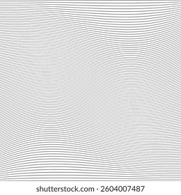 Horizontal twisted thin stripe lines background. An arrangement of distorted black strips. Isolated on a white background.