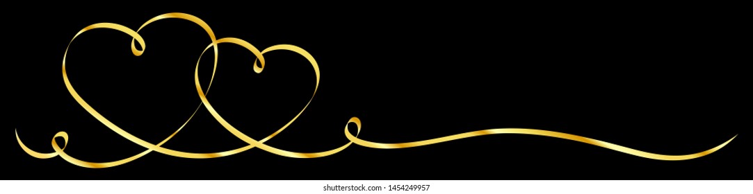 Horizontal Two Connected Golden Hearts Calligraphy Ribbon Black