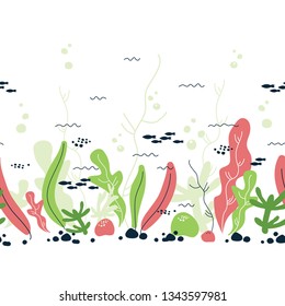 Horizontal underwater world, coral, algae, seabed seamless pattern. Scandinavian cartoon style underwater world illustration. 
