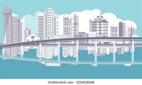 Horizontal Urban landscape with city buildings and automobil Bridge over river with   Street, highway with cars. Concept city  life.