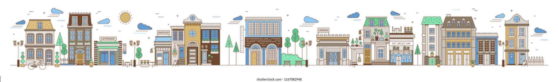 Horizontal Urban Landscape With City Or Town Street Or Neighborhood. Cityscape With Residential Houses, Stores And Coffeeshops On White Background. Colorful Vector Illustration In Line Art Style.